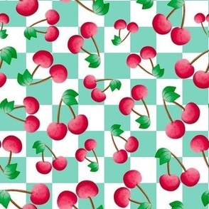 Medium Scale Red Cherries on Mint and White Checkers