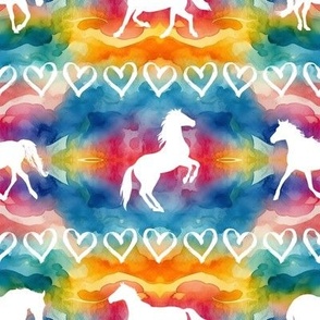 White Horses and Hearts on Rainbow Tie Dye