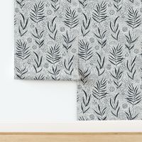 Ebony black  boho palm leaves and ethnic doodling on white background