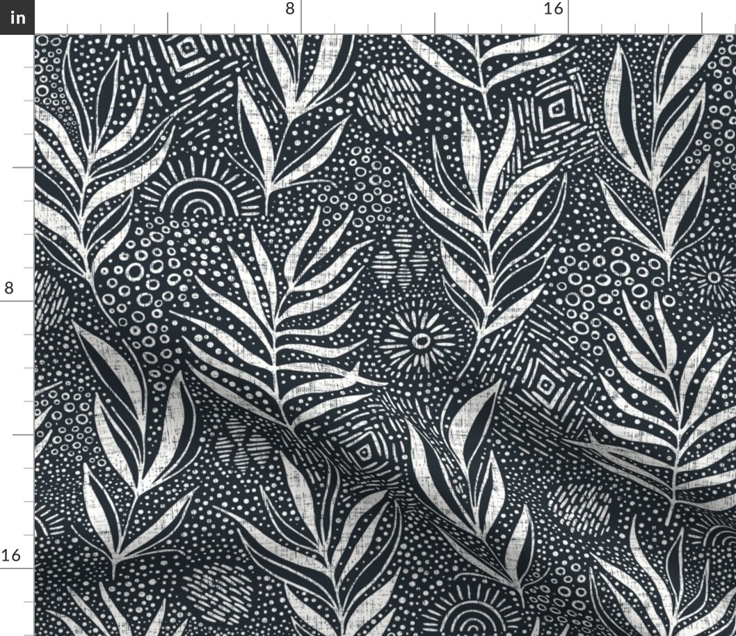Boho palm leaves and ethnic doodling on ebony black background