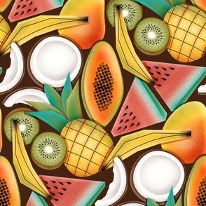 Juicy Geometric Tropical Fruits - on brown, small scale 