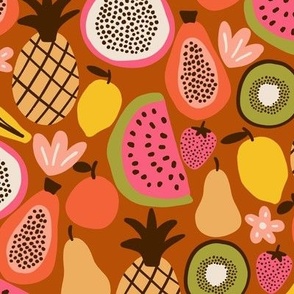 Colorful tropical fruits in brown - Medium scale