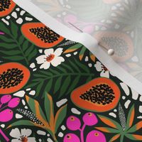Tropical Papaya Fruit and Palm Leaves Pink And Green  - S