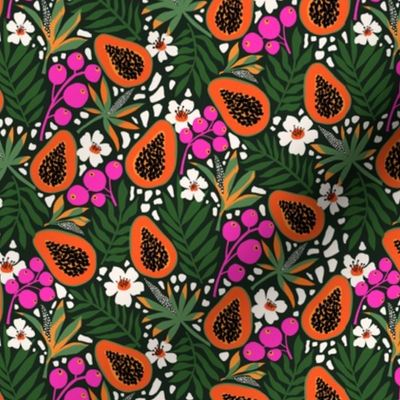 Tropical Papaya Fruit and Palm Leaves Pink And Green  - S