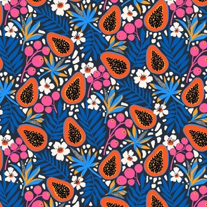 Tropical Papaya Fruit and Palm Leaves Pink And Blue  - M