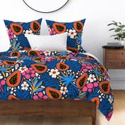 Tropical Papaya Fruit and Palm Leaves Pink And Blue  - XL