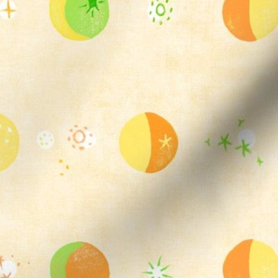Moon Phase Citrus Slices (xl scale) | Moon and stars, summer citrus fruit slices, oranges, lemons, limes, crescent moon, moon phases, orange, yellow and green on cream.