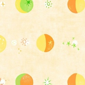 Moon Phase Citrus Slices (xl scale) | Moon and stars, summer citrus fruit slices, oranges, lemons, limes, crescent moon, moon phases, orange, yellow and green on cream.