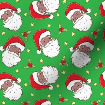  african american black santa heads christmas fabric wb23 dark green small scale