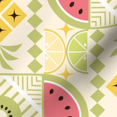 Festive Tropical Fruits / Folk Art / Geometric / Watermelon Pineapple Kiwi Lemon Lime / Large