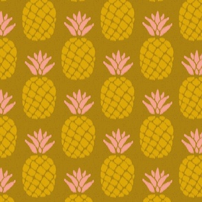  ikat pineapples in melon pink and marigold on light brown | medium