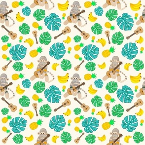 Tropical Fruit Sock Monkey with Ukulele on a pineapple and banana scattered background