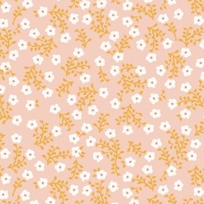 Country Meadow Blooms Coordinate in Soft Peach and Sunny Yellow: Simple Tossed Wildflowers with Delicate Pink Centers 