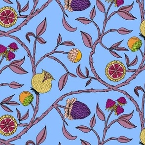(M) Handdrawn botanical fantasy fruit vines with textured pomegranate, lemon, fig, strawberry motifs, sky blue