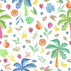 Tropical Fruit with Leaves & Palm Trees in White - (XXL)