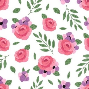 pink and purple flowers on a white background