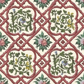 1800s Flowers and Latticework by Jules Lachaise - on Ivory - Coordinate