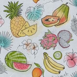 Messy watercolor tropical fruits blast/No AI