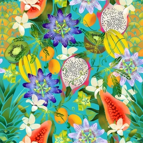 Tropical Trip - Fruit and Flowers on Teal