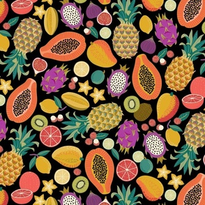 Lush tropical fruits - 100% human - papaya, star fruit, pineapple, mango, dragon fruit, rambutan, citrus - on black 