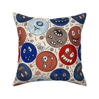 monster smiley faces handdrawn tossed textured fun in brown, blue, orange, grey and cream 12” repeat