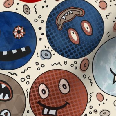 monster smiley faces handdrawn tossed textured fun in brown, blue, orange, grey and cream 12” repeat