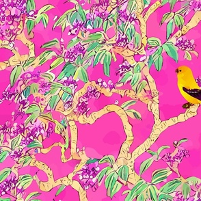 Preppy hot pink chinoiserie with yellow bird