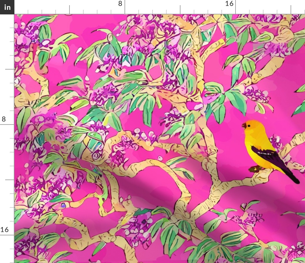 Preppy hot pink chinoiserie with yellow bird