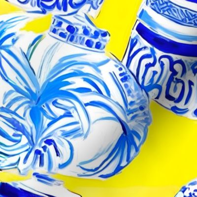 blue and white chinoiserie jars on yellow 