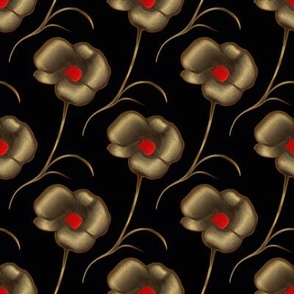 Art Nouveau Poppies in Bronze and Scarlet on Black