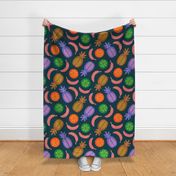 Tropical Fruits With Lotsa Dots in Earthy Brights on Dark Teal - LARGE Scale - UnBlink Studio by Jackie Tahara