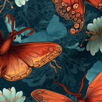 Octopus Butterfly Mashup with Fantasy Flowers on Teal