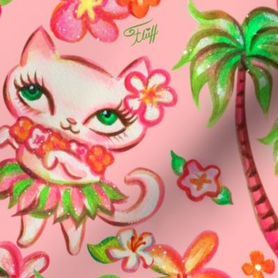 LARGE-Hawaii Hula Kitties Pink