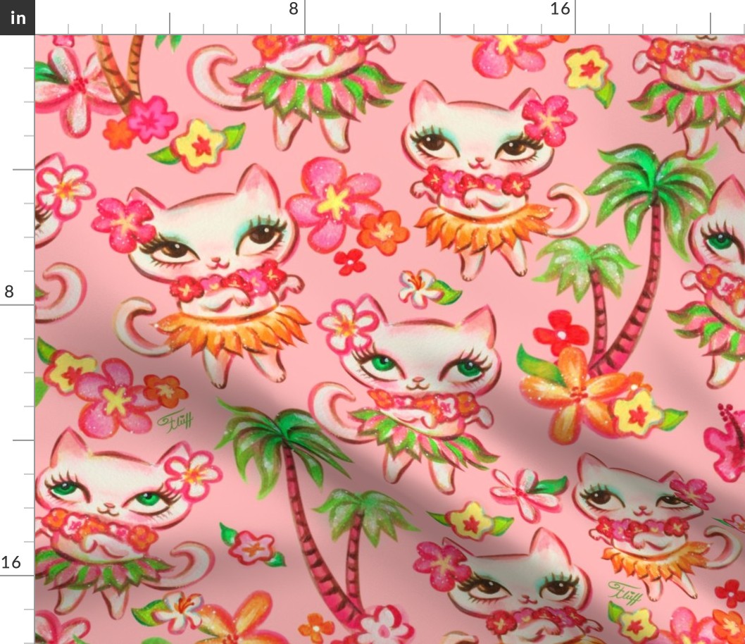 LARGE-Hawaii Hula Kitties Pink
