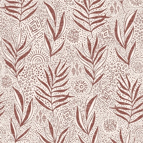 boho palm leaves  terracotta  and ethnic doodling  on light blush background