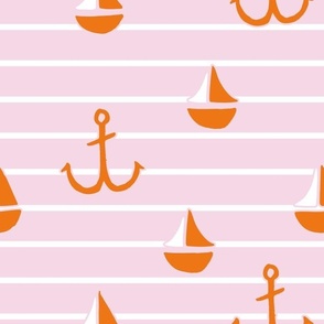 medium pink and orange stripe with anchors and sail boats, summer coastal for kids wallpaper in tangerine and light pink