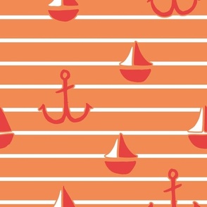 medium orange and coral stripe with anchors and sail boats, summer coastal for kids wallpaper in tangerine and dark pink red