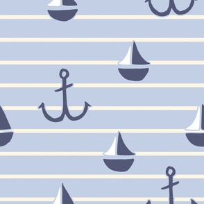medium blue and white stripe with anchors and sail boats, summer coastal for kids wallpaper and bedding in pastel blue, navy and white