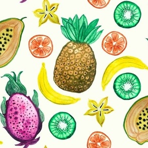 Tropical Watercolor Fruits on Ecru