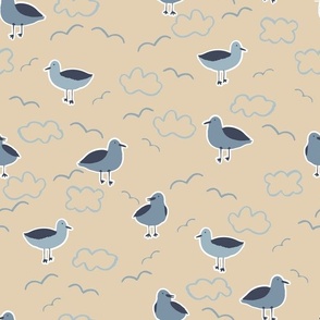 Medium coastal seagulls in neutral brown and blue, gender neutral beach for kids