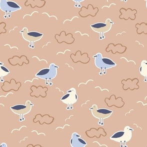 Medium coastal seagulls in neutral brown and blue, gender neutral beach for kids