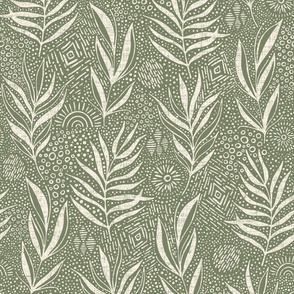 Boho palm leaves and ethnic doodling on sage green  background