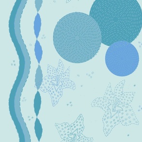 Turquoise tones hand-drawn mending waves, circles, flowers and stars -on Light blue