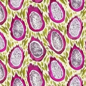 Watercolor Dragon Fruit - Ditsy Scale - Pitaya Tropical Fruit Beige Background