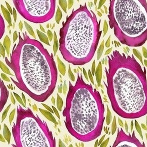 Watercolor Dragon Fruit - Small Scale - Pitaya Tropical Fruit Beige Background
