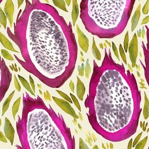 Watercolor Dragon Fruit - Large Scale - Pitaya Tropical Fruit Beige Background