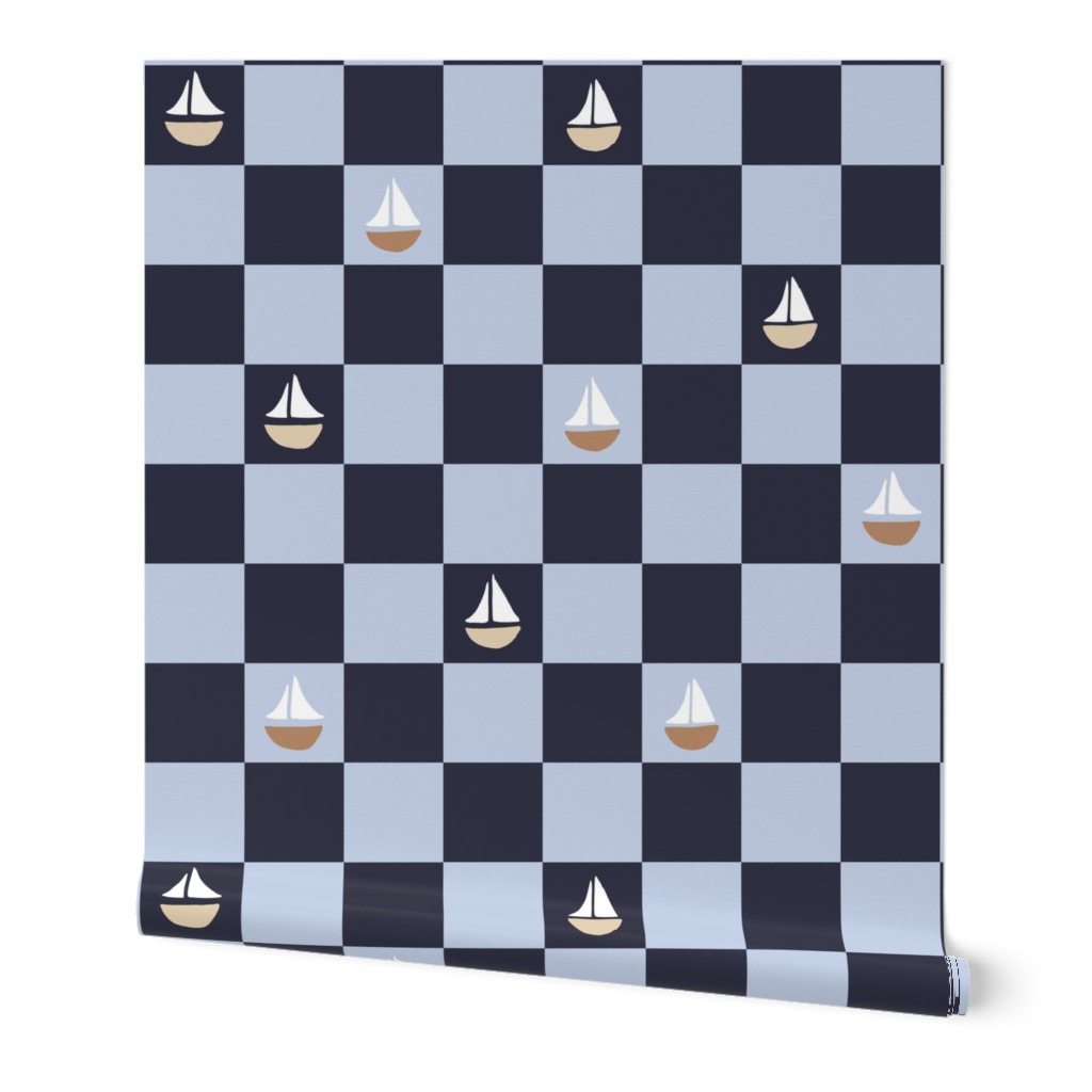 Medium coastal checker in classic blue and white with sail boats for swimwear, beach and accessories