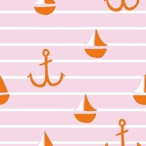 Small pink and orange stripe with anchors and sail boats, summer coastal for kids wallpaper in tangerine and light pink