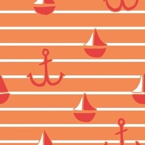 Small orange and coral stripe with anchors and sail boats, summer coastal for kids wallpaper in tangerine and dark pink red