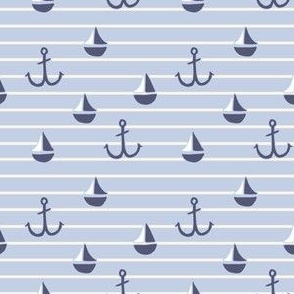 Tiny blue and white stripe with anchors and sail boats, summer coastal for kids wallpaper and bedding in pastel blue, navy and white